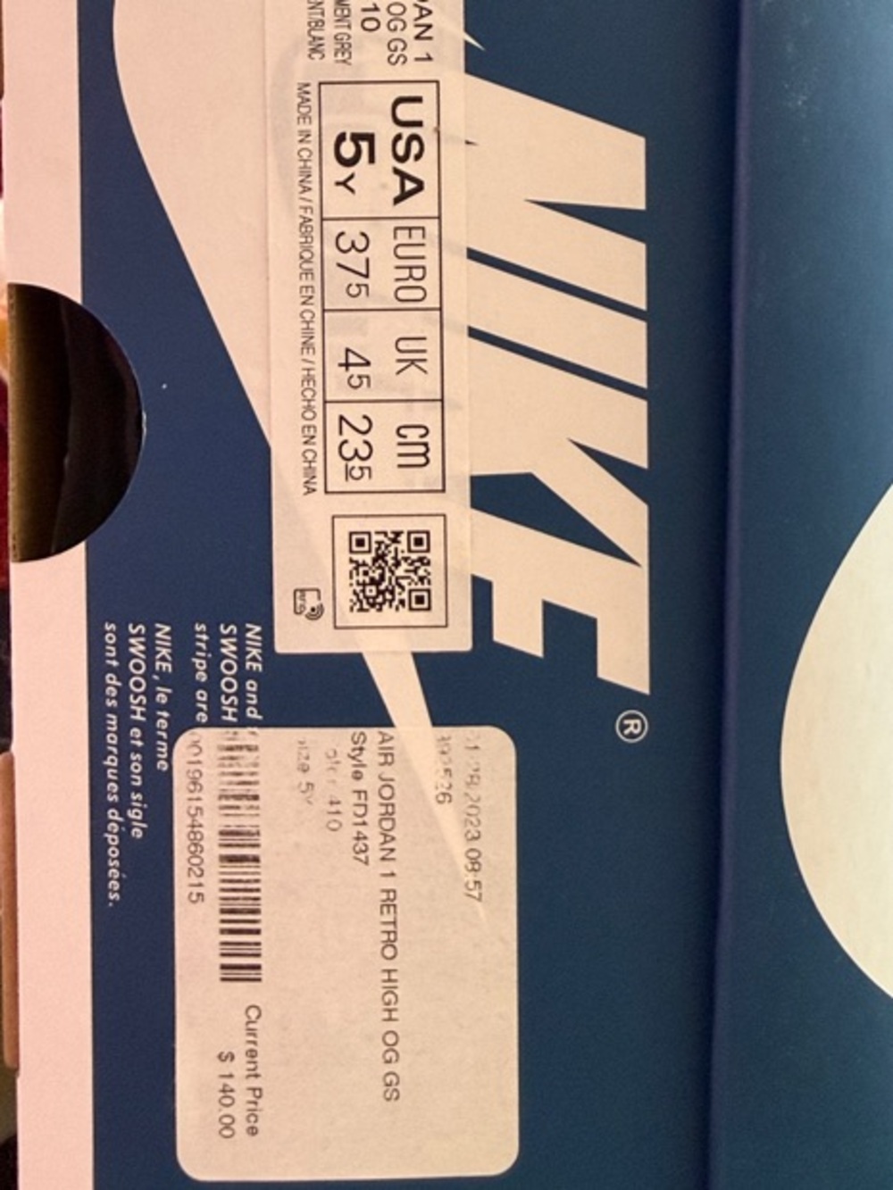 Nike Air Jordan 1 High OG True Blue White Cement Grey Size 5Y - Picture 10 of 10